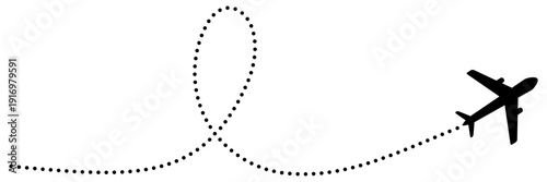 Flying plane with dotted route map. Airplane trail with dashed line. Vector illustration isolated on white.