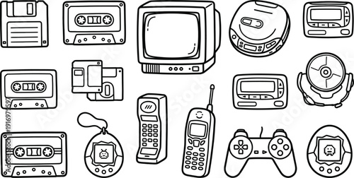 Retro technology icons in hand drawn doodle style