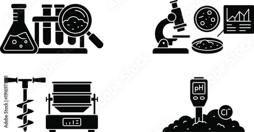 Soil composition testing laboratory vector icon set for agriculture