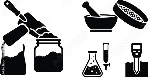 Soil composition testing laboratory vector icon set for agriculture