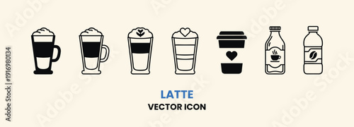 Modern Latte Coffee Drink Vector Icons Collection Set.