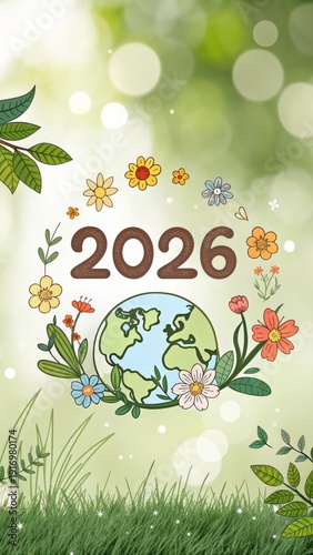 2026 eco concept with green leaves, flowers and planet Earth on soft bokeh background. Sustainable future, environmental protection and global awareness creative design.