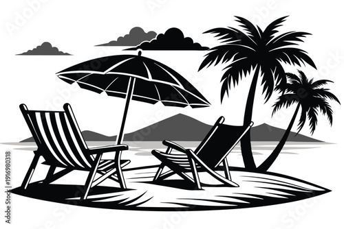 canvas chairs with parasol on a beautiful beach silhouette line art vector illustration with a white background