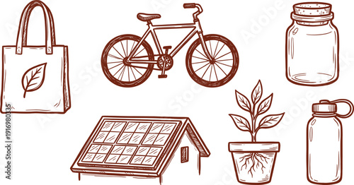 Sustainable eco-friendly doodle icons set for green living