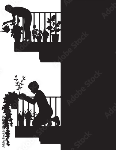 Silhouette of person gardening on a balcony with plants
