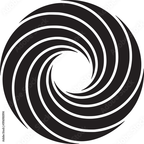 A black and white vortex design with curved lines spiraling inward towards a central open space area