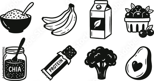 Healthy vegan nutrition doodle icons on white background