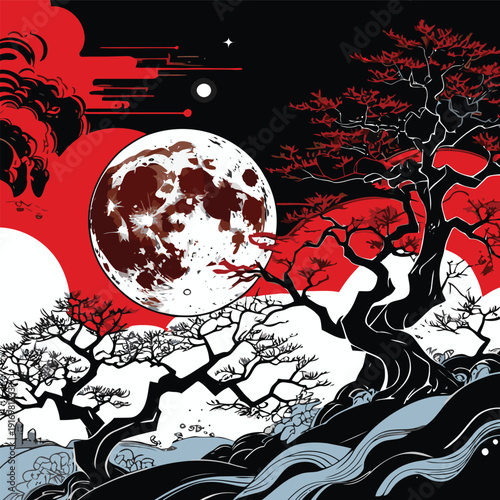 Japanese art style moon and cherry blossom tree painting