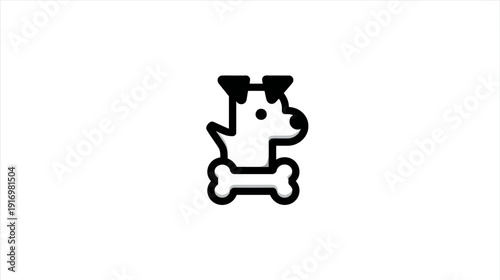 Simple icon of a dog with a bone. The dog is white with black outlining and ears, and a black dot for eye