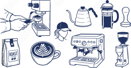 Barista coffee shop doodle icons vector collection
