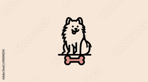 A stylized cartoon dog sitting atop a platform with a bone illustration below, cream backdrop