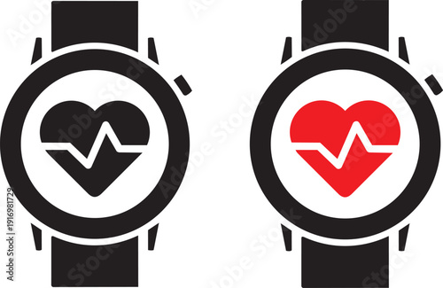 Smartwatch heart rate icons: A modern minimalist depiction of two smartwatches, each displaying a heart rate monitor. One shows a black heart on a black watch face.