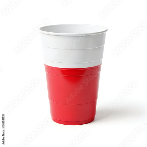 A red and white solo cup standing upright against a white background