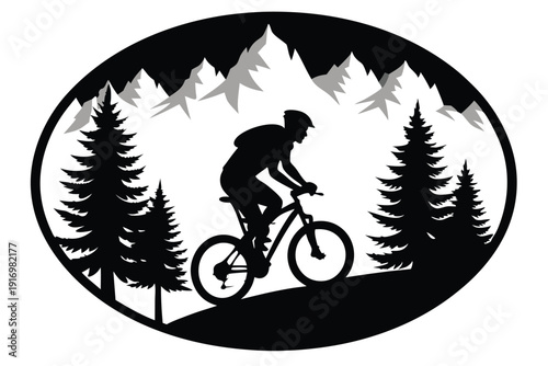 biker rides mountain bike in forest circle silhouette line art vector illustration with a white background