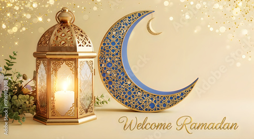 Beautiful lantern and crescent moon celebrating the arrival of ramadan