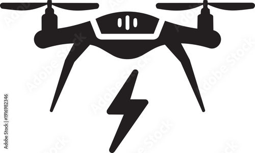 Drone Technology: An intricate silhouette of a modern drone, symbolizing innovation and technological advancement, is presented with a striking lightning bolt, representing power and speed.