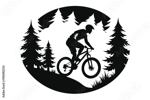 biker rides mountain bike in forest circle silhouette line art vector illustration with a white background