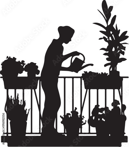 Silhouette of person watering plants on a balcony with potted plants 2