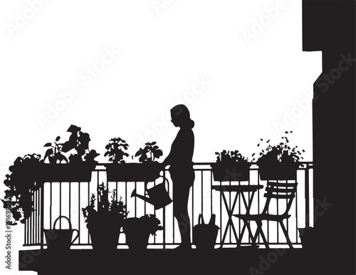 Silhouette of person watering plants on a balcony with potted plants 4