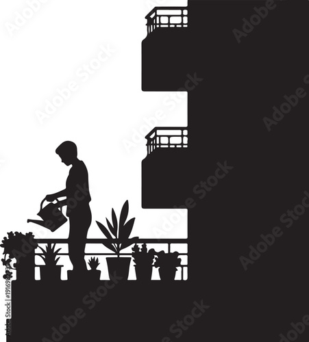 Silhouette of person watering plants on a balcony with potted plants and a building