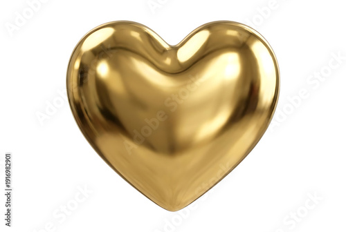 Golden metallic heart shape 3D render shiny reflective love symbol isolated on transparent background