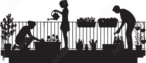 Silhouette of three people gardening on a balcony with plants 1