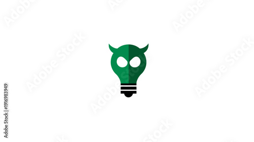 A green lightbulb shape with a devil's head design. The background is pure white