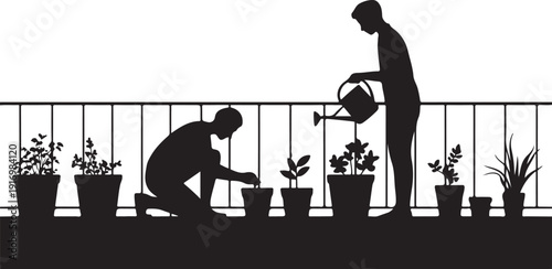 Silhouette of two people gardening on a balcony with potted plants 2