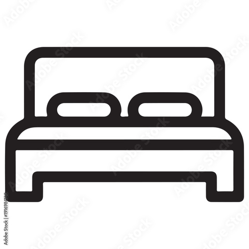 Minimalist Double Bed Icon with Two Pillows Representing Sleep and Hotel Accommodation in a Clean Black Outline Style for Web Design, Mobile Apps, and Interior Navigation Signage.