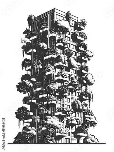 modern residential skyscraper covered in abundant trees and plants on balconies, symbolizing sustainable architecture and urban green living sketch engraving generative ai vector illustration. 