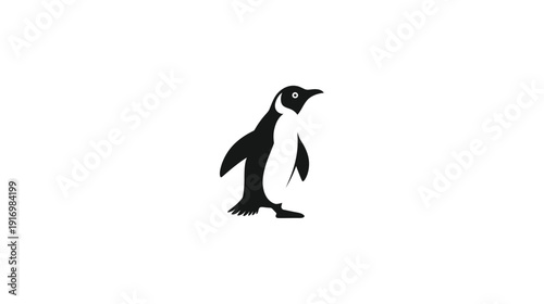 A stark, minimalist silhouette of a penguin stands isolated against a stark white backdrop