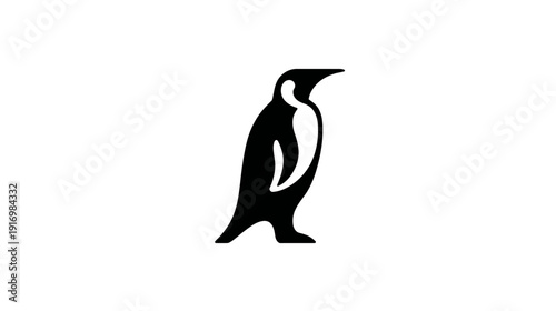 A simple, black-and-white silhouette of a penguin standing upright on a white background
