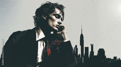 Stylized Portrait Of Pensive Man In Suit With Rose And City Skyline