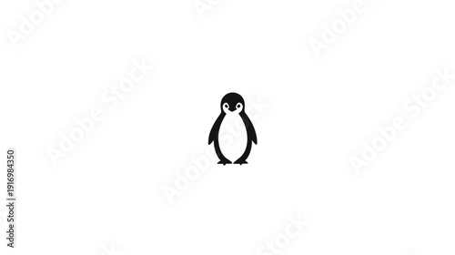 A minimalist black and white illustration of a penguin facing forward against a white background