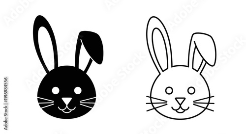 Two black and white cartoon bunny rabbit heads with big ears and round eyes Vector