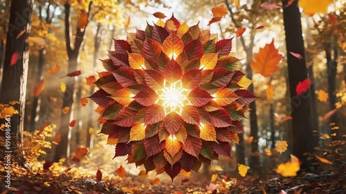 Autumn Mandala with Glowing Center in Forest, Falling Leaves, Golden Light