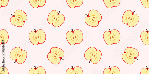 Seamless pattern with apple halves and seeds on soft beige background. Cute fruit repeating texture in flat vector style.