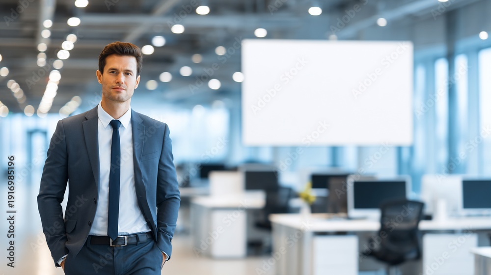 Obraz premium Confident and successful businessman standing in a modern, bright office space
