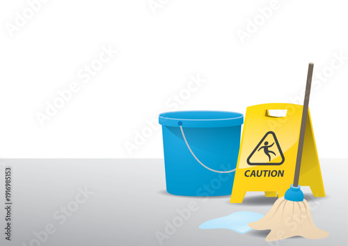 Caution sign and cleaning equipment near a wet floor viewed from a straightforward angle in a public space