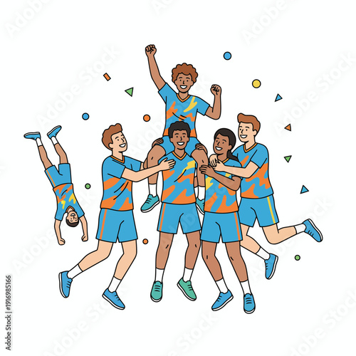 Diverse Sports Team Celebrating Victory with Cheers and a Handstand