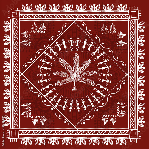 Warli peynting - hand drawn traditional the ancient tribal art India. Pictorial language is matched by a rudimentary technique depicting rural life of the inhabitants of India