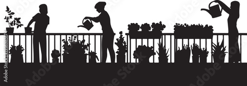 Silhouettes of people gardening on a balcony with plants