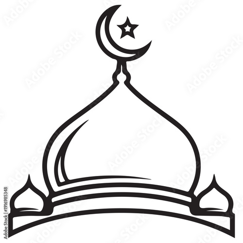Minimalist Mosque Dome Illustration with Crescent Moon and Star Representing Islamic Faith and Architectural Heritage Isolated on White Background for Ramadan and Eid Celebrations.