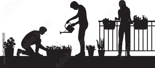 Three people gardening on a balcony with potted plants 1