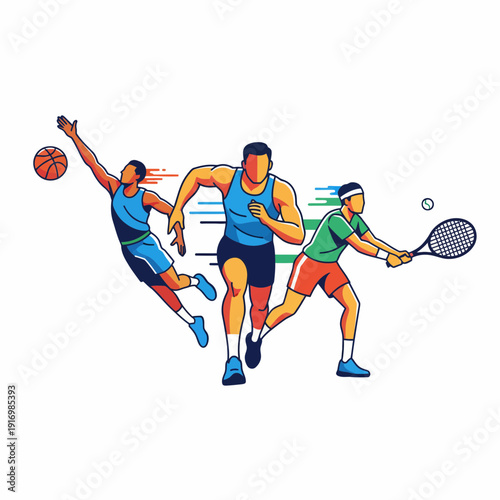 Dynamic Illustration of Three Athletes Playing Basketball Running and Tennis
