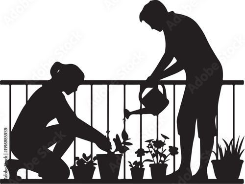 Two people gardening on a balcony with potted plants 1