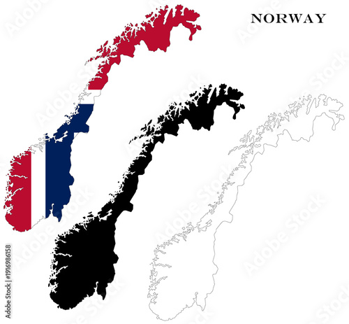 Photography Norway Country Maps Bundle with National Flag, Black Silhouette and Detailed Out