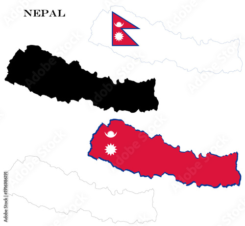 Nepal Country Maps Bundle with National Flag, Black Silhouette and Detailed Outline Contours