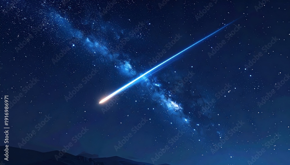 Naklejka premium Bright meteor streaking across deep blue night sky with Milky Way galaxy and stars astronomy space shooting
