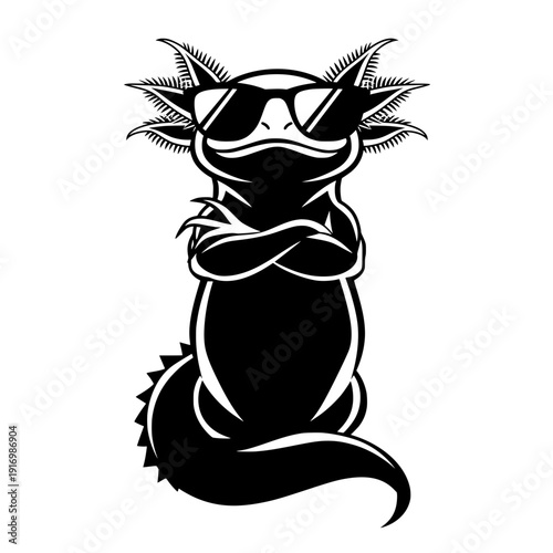 black axolotl silhouette character with sunglasses, funny cool amphibian animal illustration isolated on white background in modern minimal design.